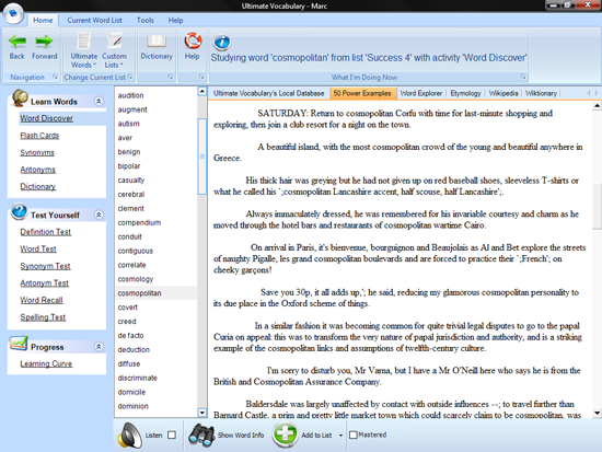 Word Discover delivers 50 powerful real-world examples for every word in your list